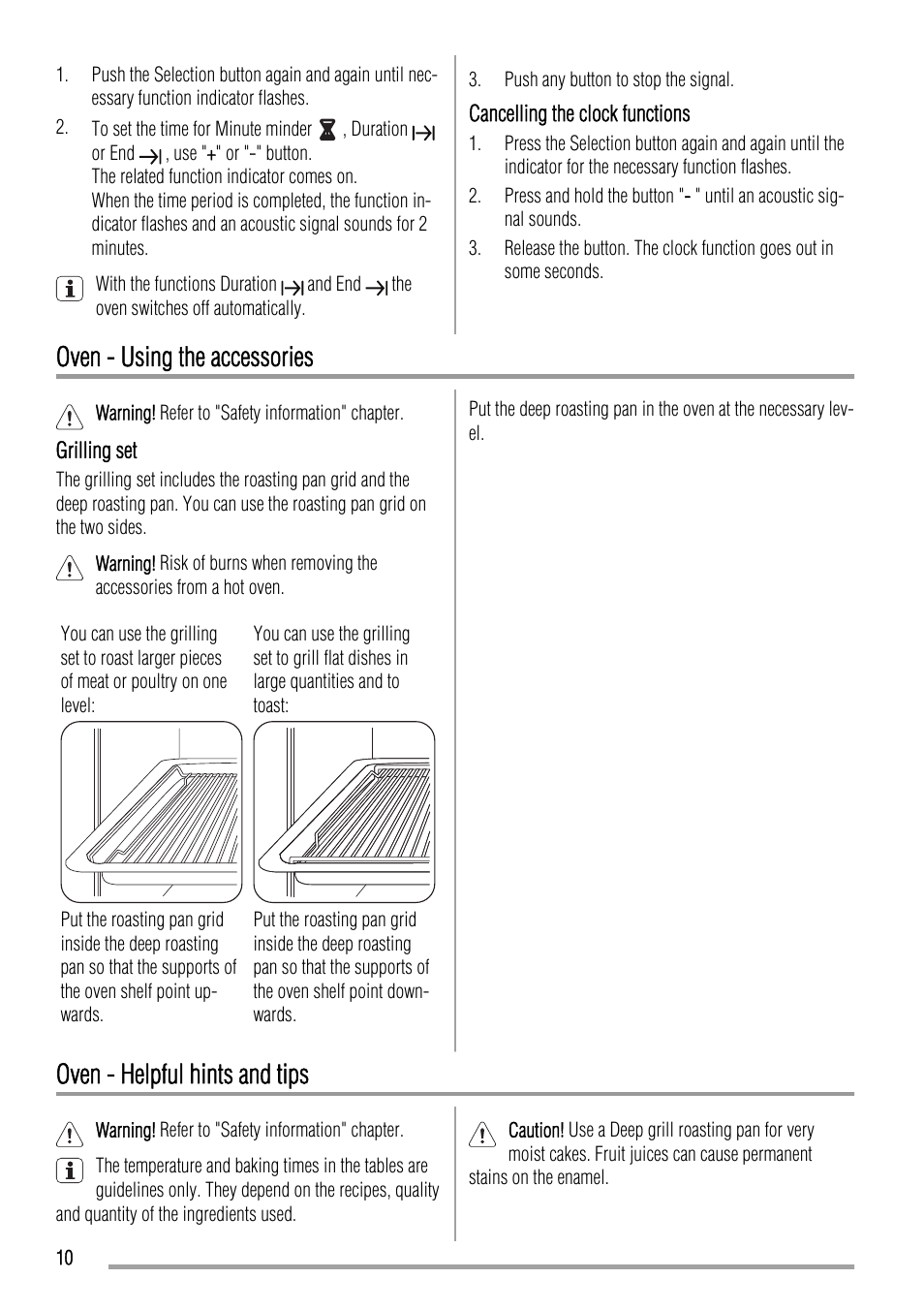 Oven - using the accessories, Oven - helpful hints and tips | Zanussi ZCV663 User Manual | Page 10 / 24