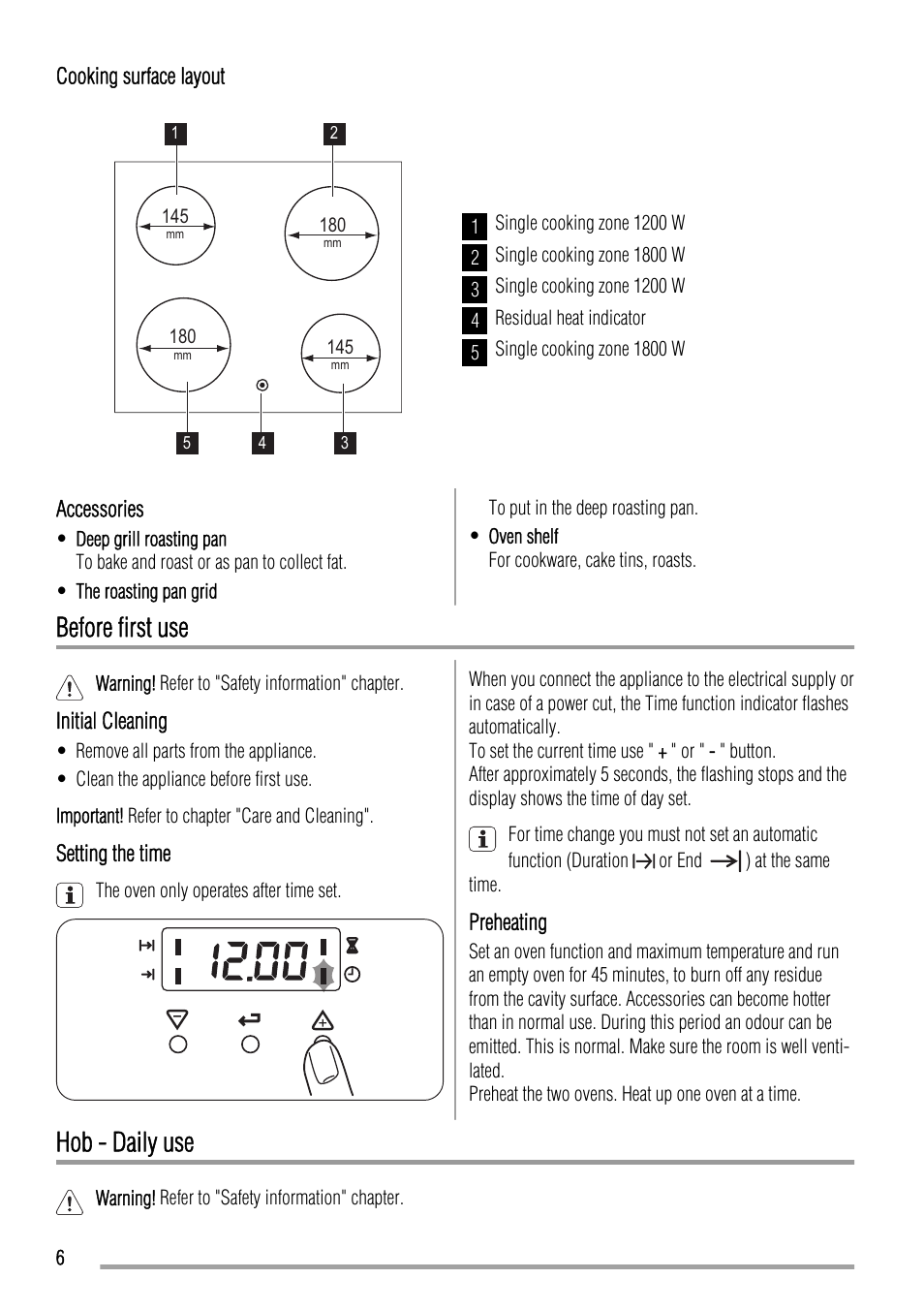 Before first use, Hob - daily use | Zanussi ZCV663 User Manual | Page 6 / 24