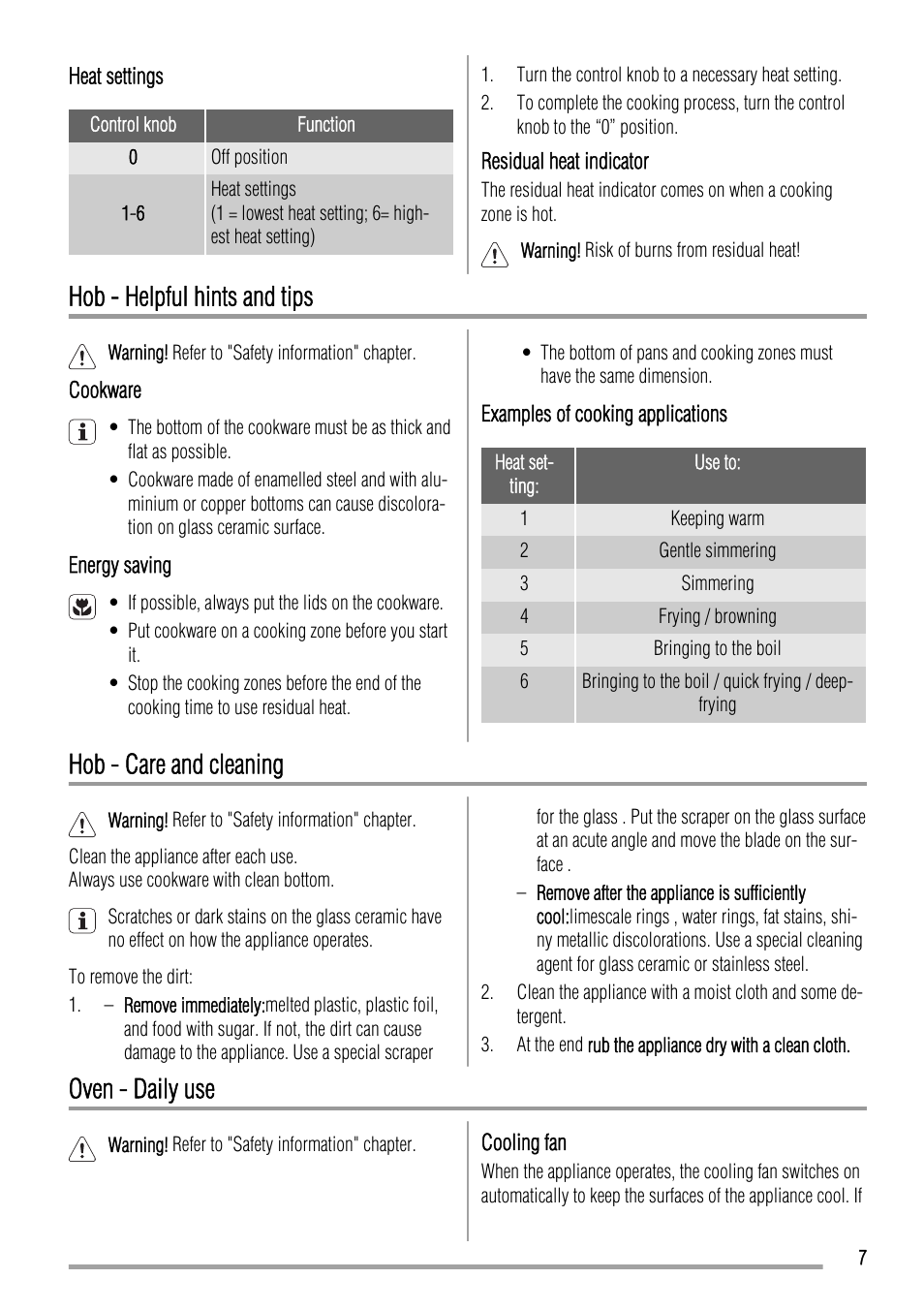 Hob - helpful hints and tips, Hob - care and cleaning, Oven - daily use | Zanussi ZCV663 User Manual | Page 7 / 24