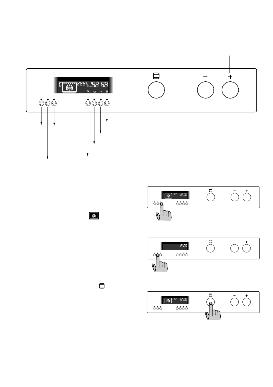 Control panel, Oven "on" push button, Oven "off" push button | Oven function control push button, Increase and decrease push buttons, The large buttons marked with plus, And minus | Zanussi ZBM 890 User Manual | Page 5 / 30