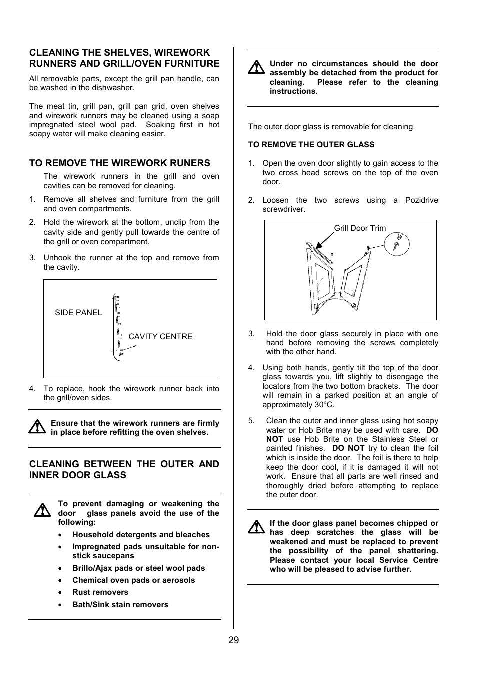 Cleaning between the outer and inner door glass | Zanussi ZDF490 User Manual | Page 29 / 36