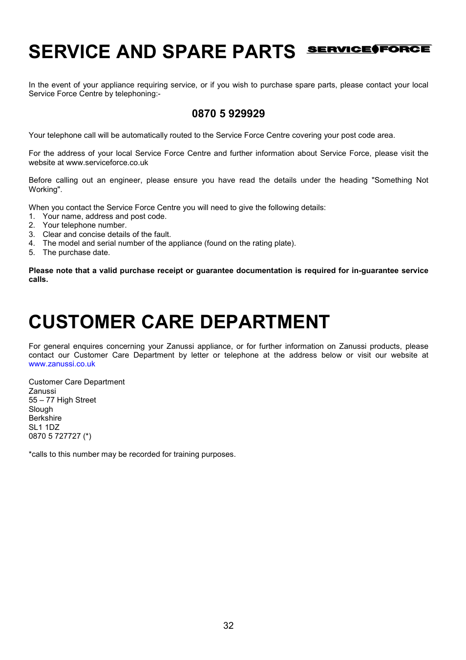 Service and spare parts, Customer care department | Zanussi ZDF490 User Manual | Page 32 / 36