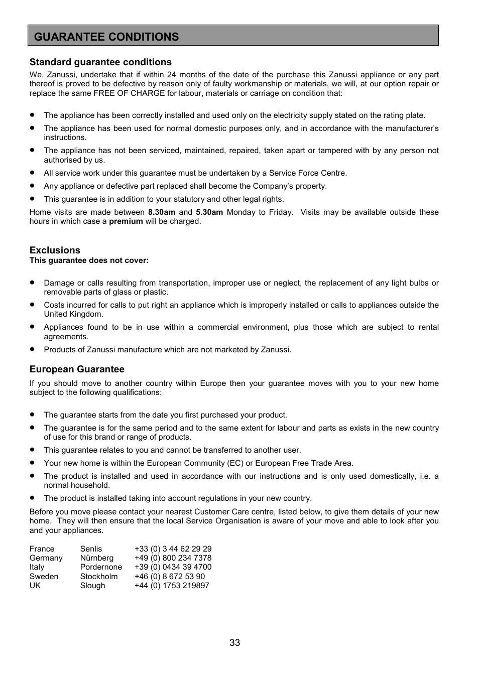 Guarantee conditions | Zanussi ZDF490 User Manual | Page 33 / 36