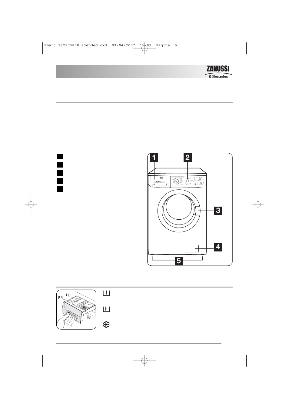 Description of the appliance, Detergent dispenser drawer | Zanussi U31302 ZWF 16581 User Manual | Page 5 / 36