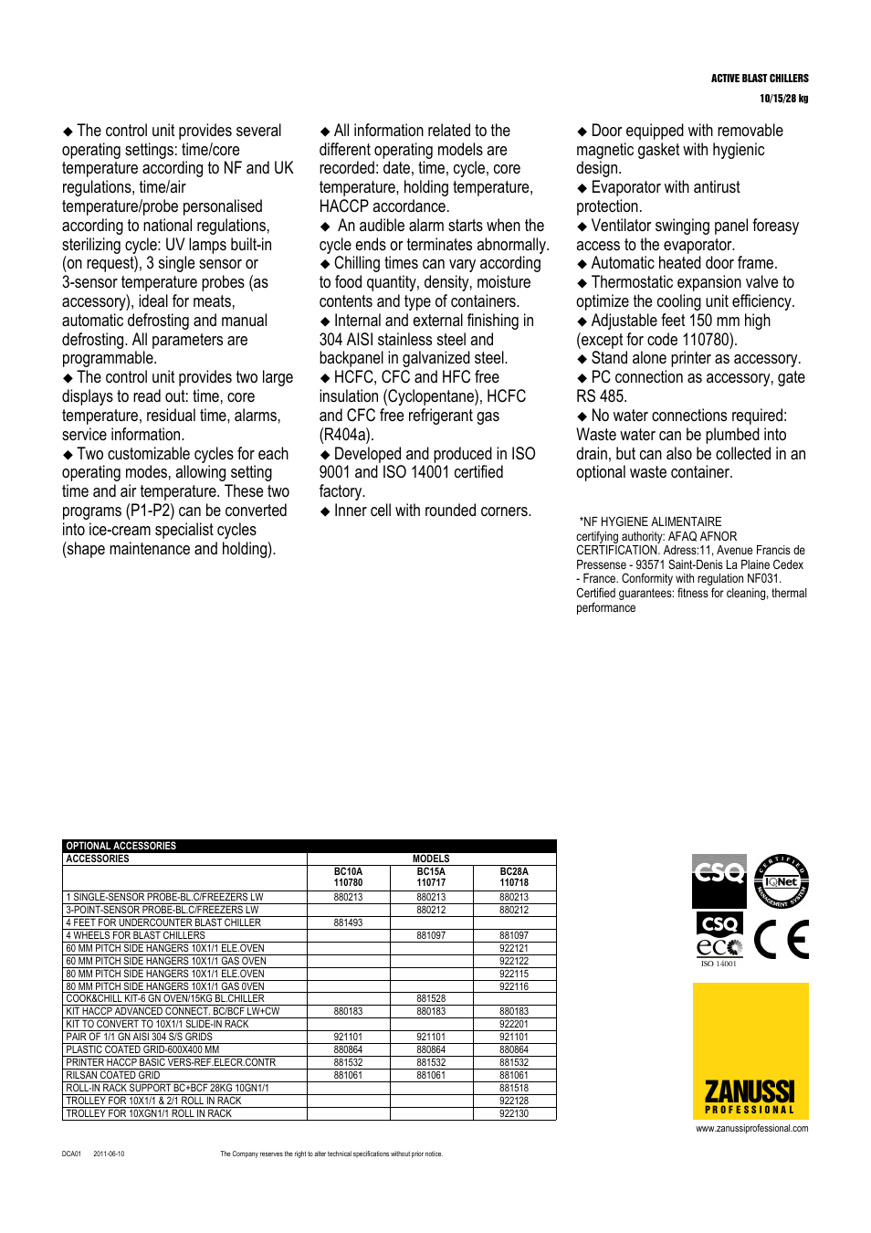 Zanussi, Inner cell with rounded corners, Evaporator with antirust protection | Automatic heated door frame, Stand alone printer as accessory, Pc connection as accessory, gate rs 485 | Zanussi 110780 User Manual | Page 2 / 5