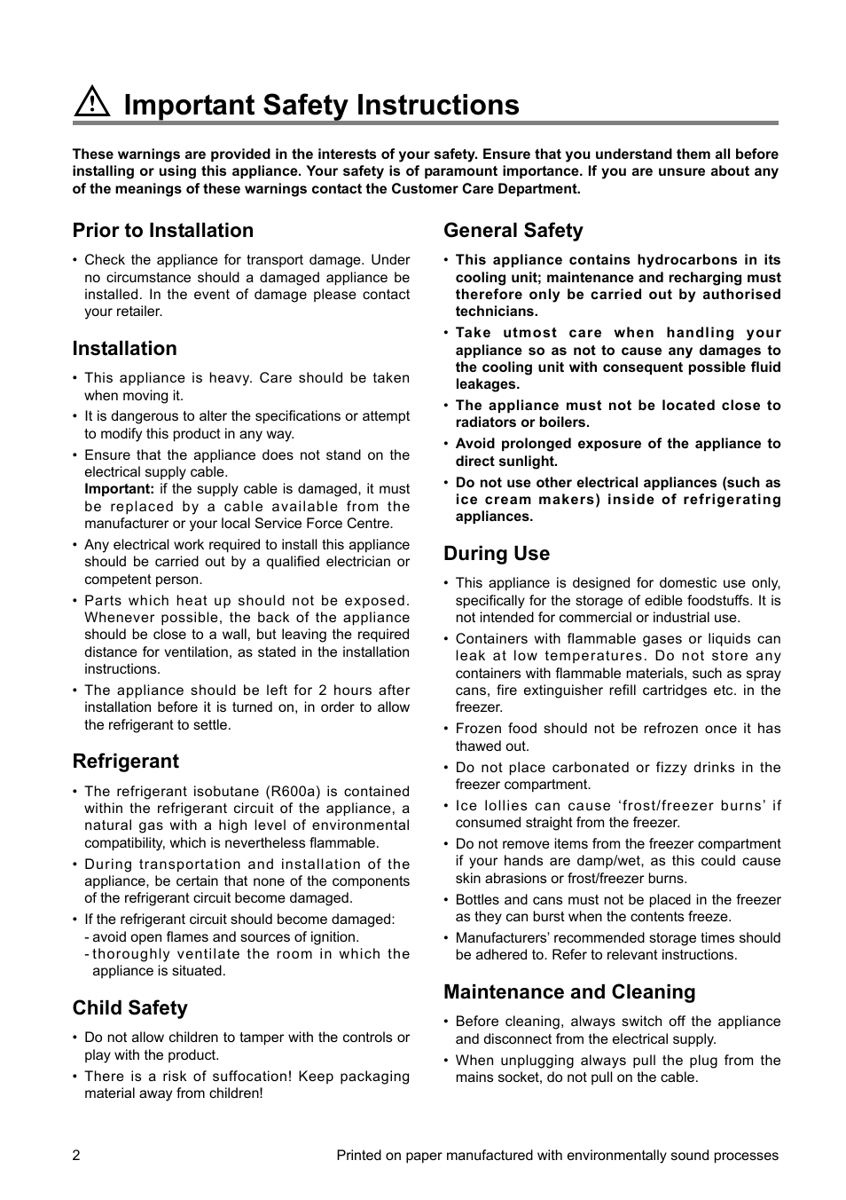 Important safety instructions, General safety, During use | Maintenance and cleaning, Prior to installation, Installation, Refrigerant, Child safety | Zanussi ZBF 6114 User Manual | Page 2 / 20