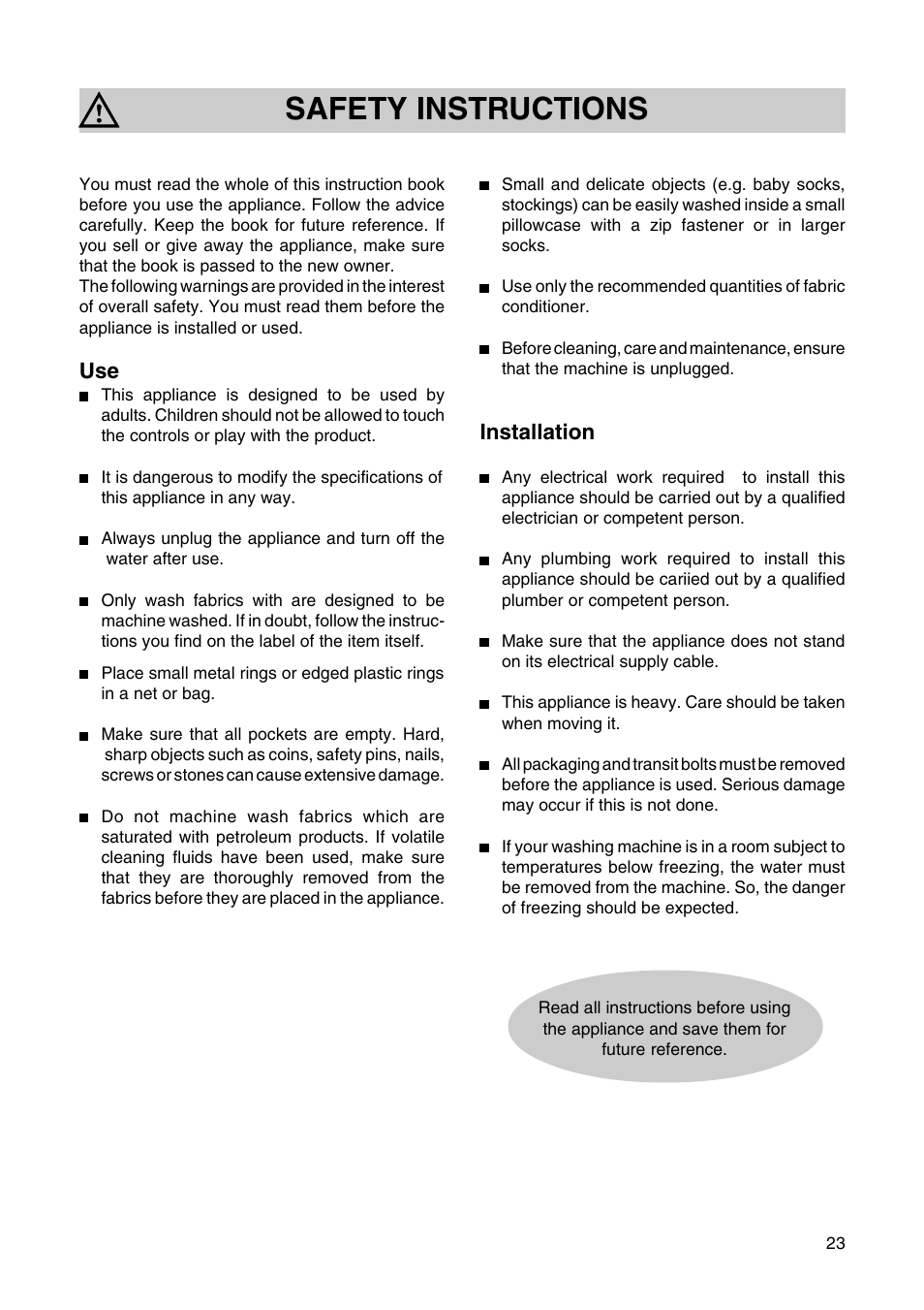 Safety instructions, Installation | Zanussi T 503 User Manual | Page 3 / 21