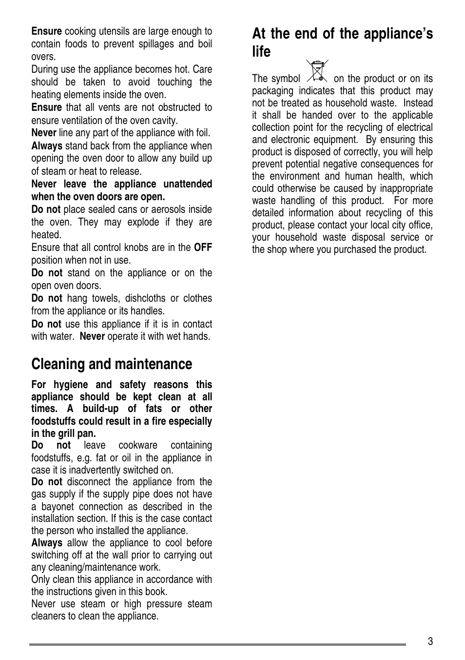 Cleaning and maintenance, At the end of the appliance’s life | Zanussi ZCG7551 User Manual | Page 3 / 44