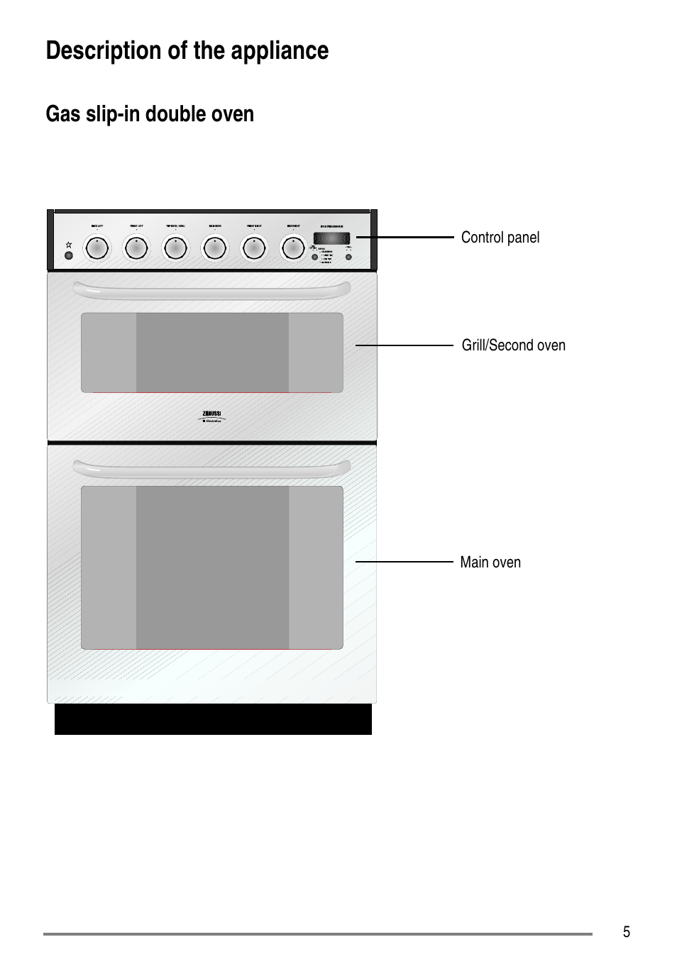 Description of the appliance, Gas slip-in double oven | Zanussi ZCG7551 User Manual | Page 5 / 44