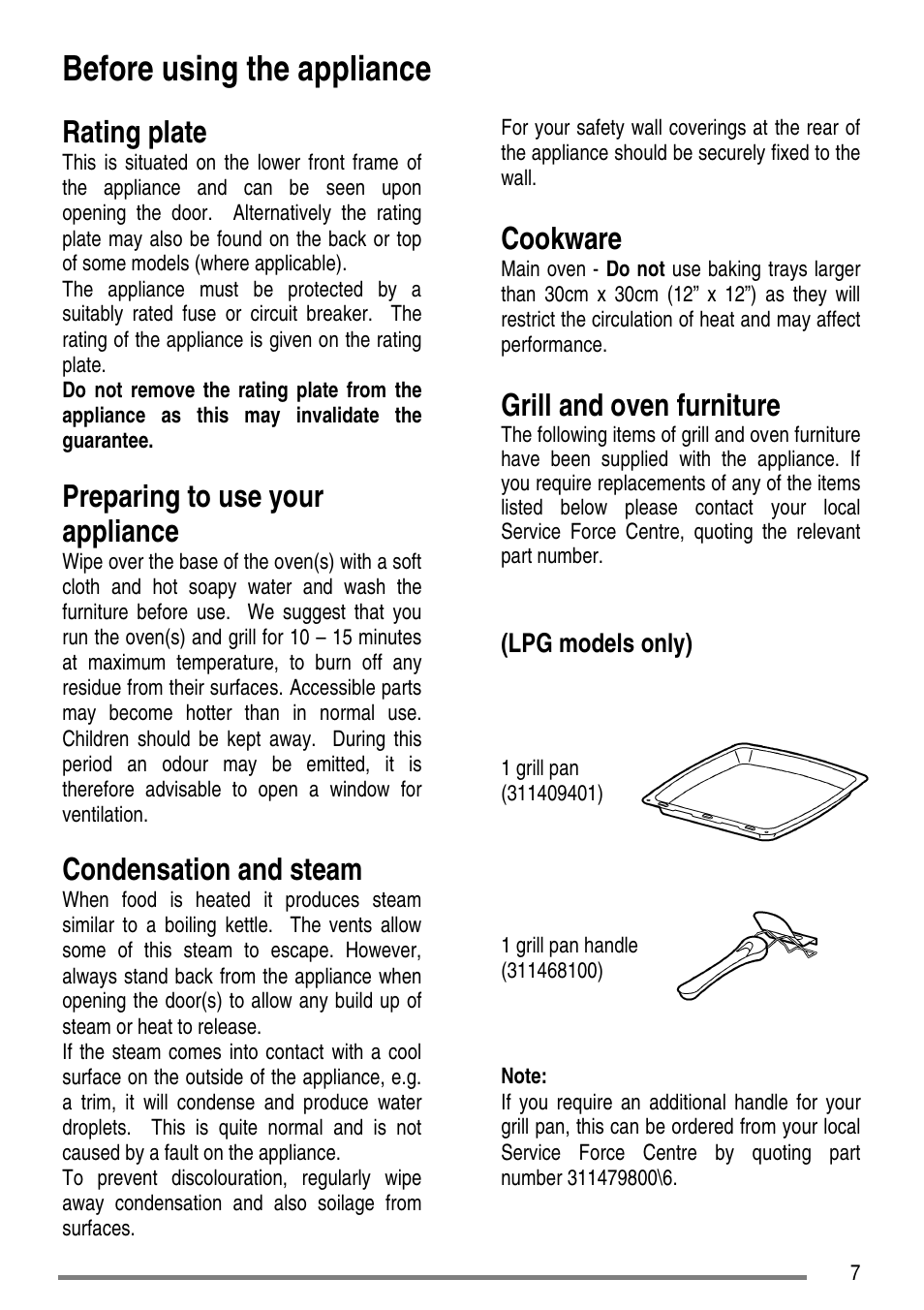 Before using the appliance, Rating plate, Preparing to use your appliance | Condensation and steam, Cookware, Grill and oven furniture, Lpg models only) | Zanussi ZCG7551 User Manual | Page 7 / 44