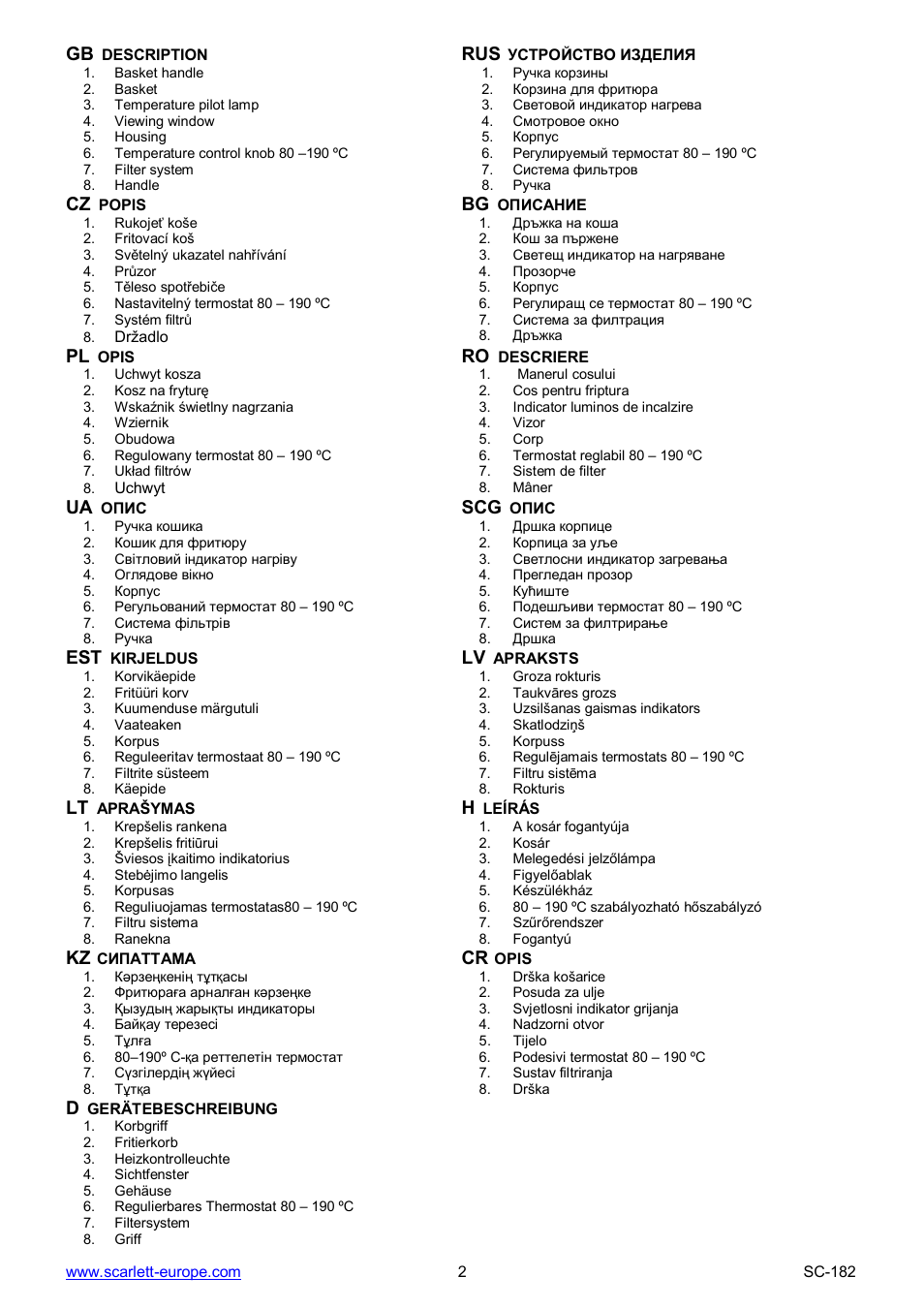 Ua scg, Kz cr | Scarlett SC-182 User Manual | Page 2 / 21