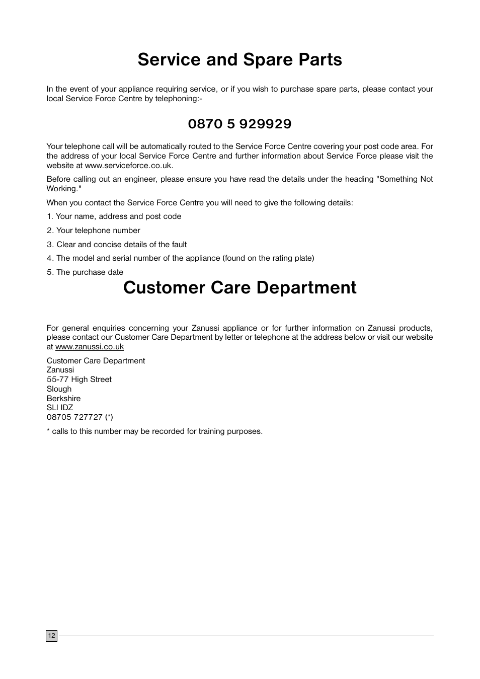 Service and spare parts, Customer care department | Zanussi U28059 ZFC 177 C User Manual | Page 12 / 16