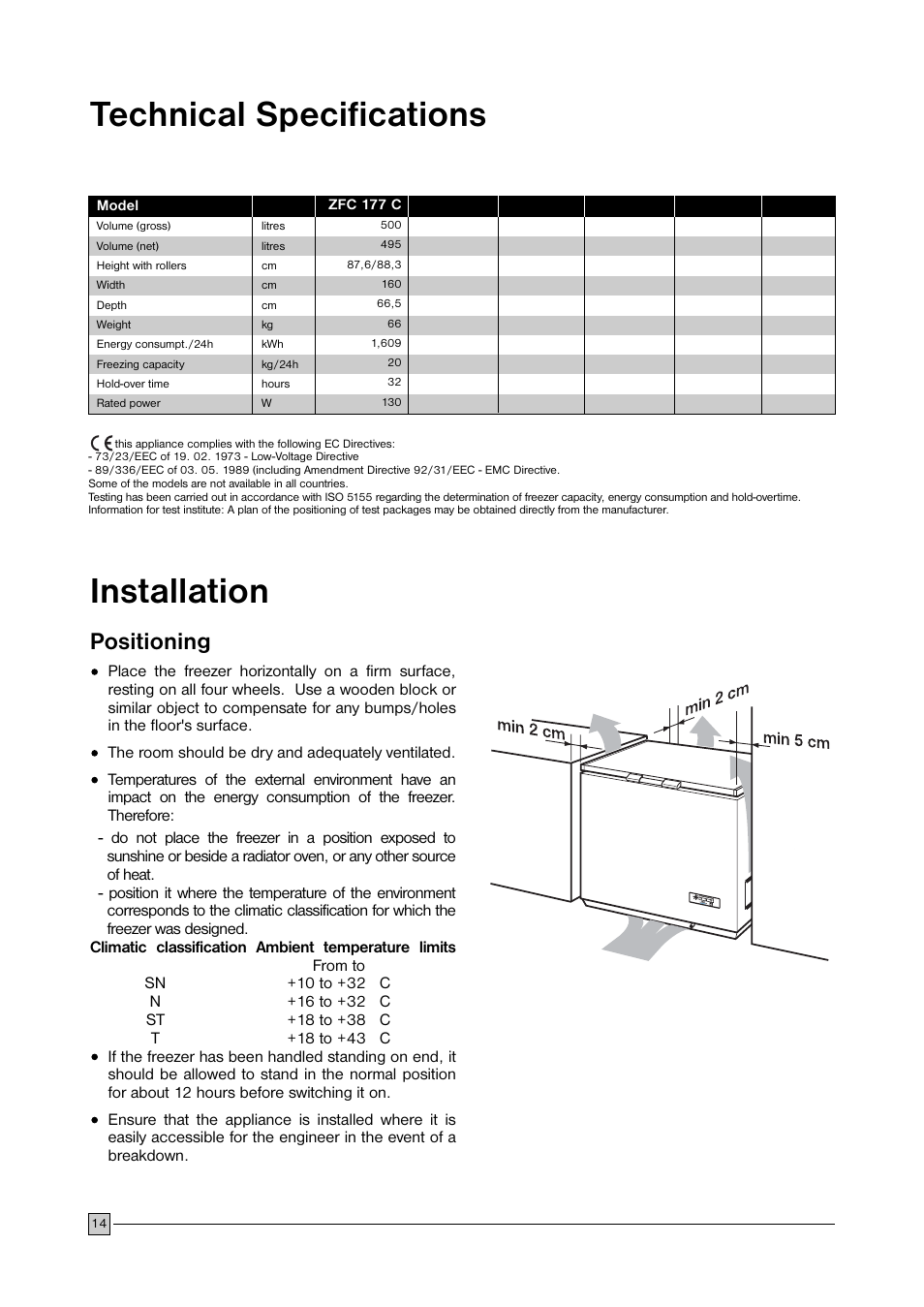 Technical specifications installation, Positioning | Zanussi U28059 ZFC 177 C User Manual | Page 14 / 16