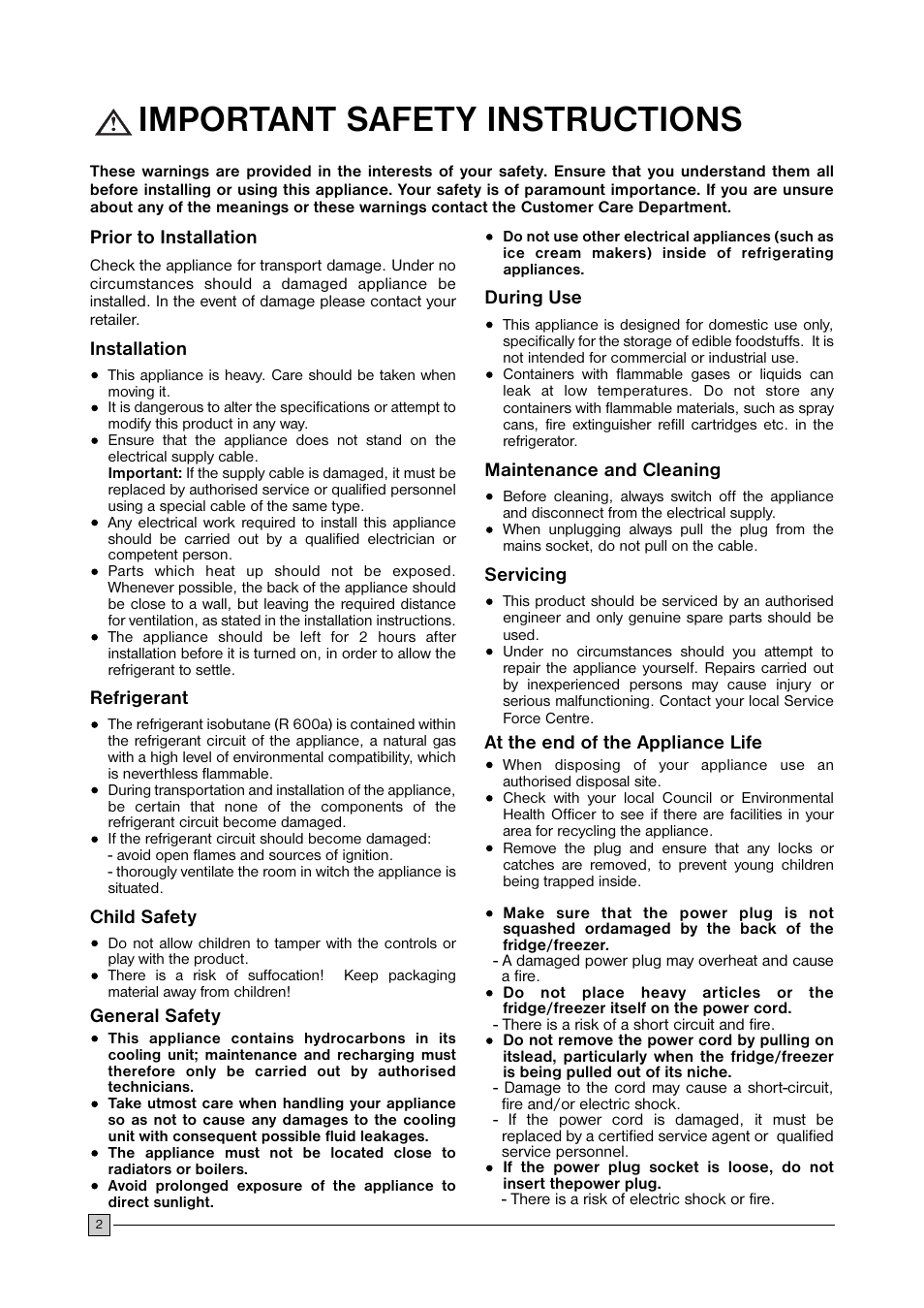 Important safety instructions | Zanussi U28059 ZFC 177 C User Manual | Page 2 / 16