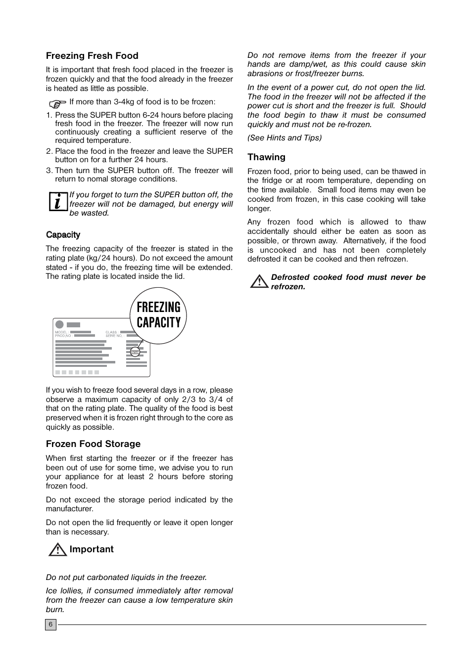 Freezing capacity | Zanussi U28059 ZFC 177 C User Manual | Page 6 / 16