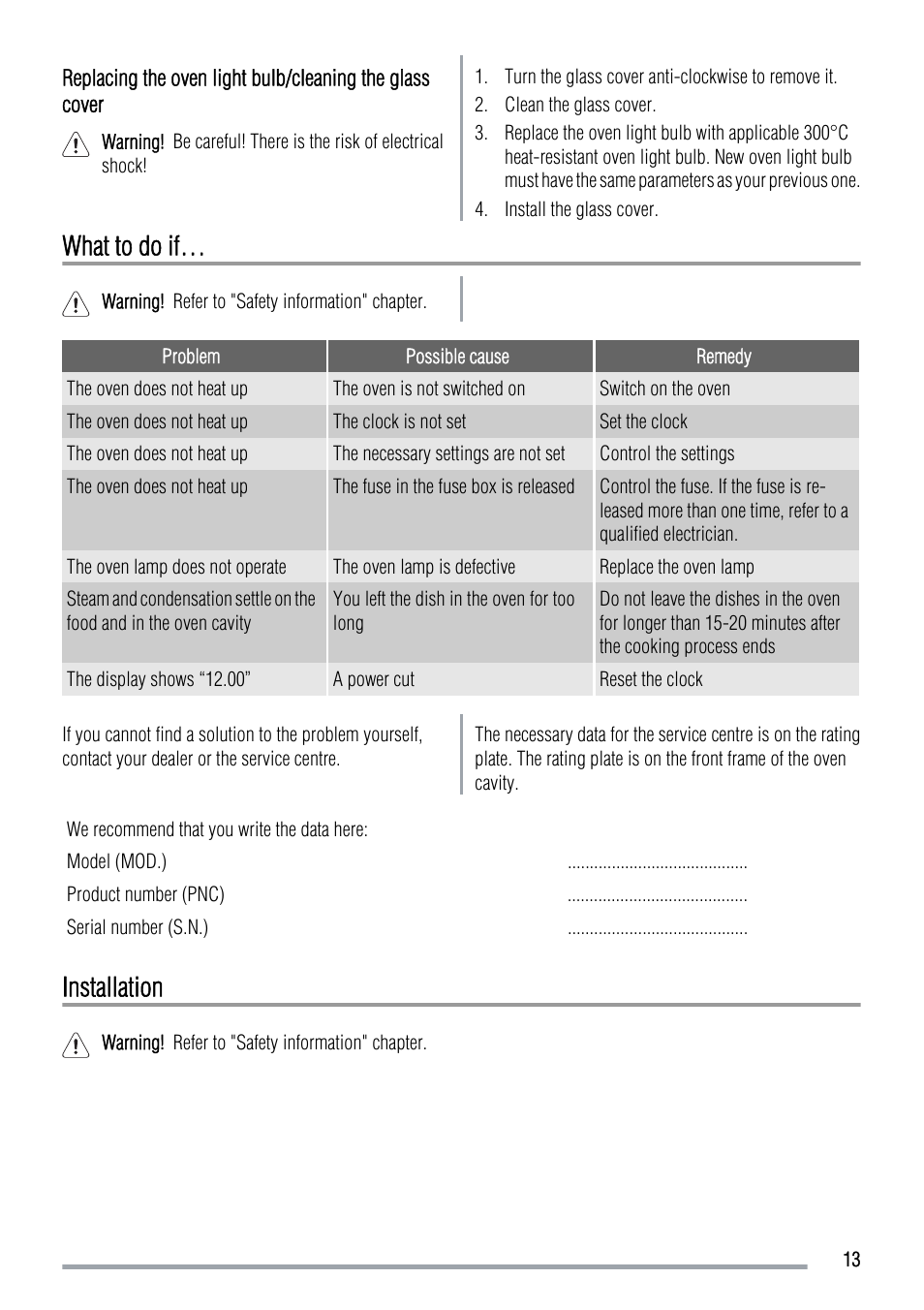 What to do if, Installation | Zanussi ZOB550WL User Manual | Page 13 / 16