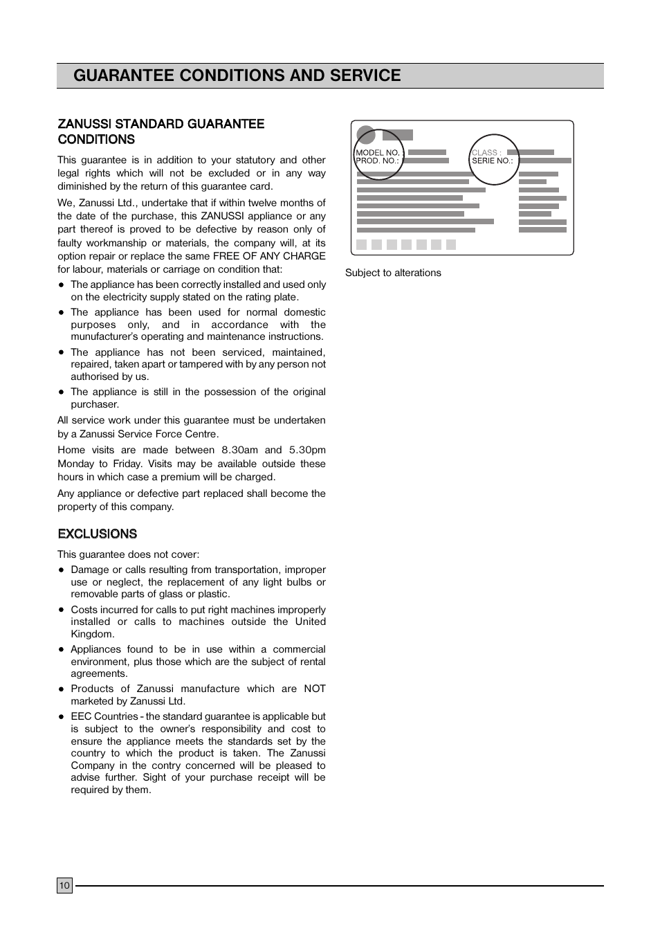 Guarantee conditions and service | Zanussi ZCF 410 User Manual | Page 10 / 11