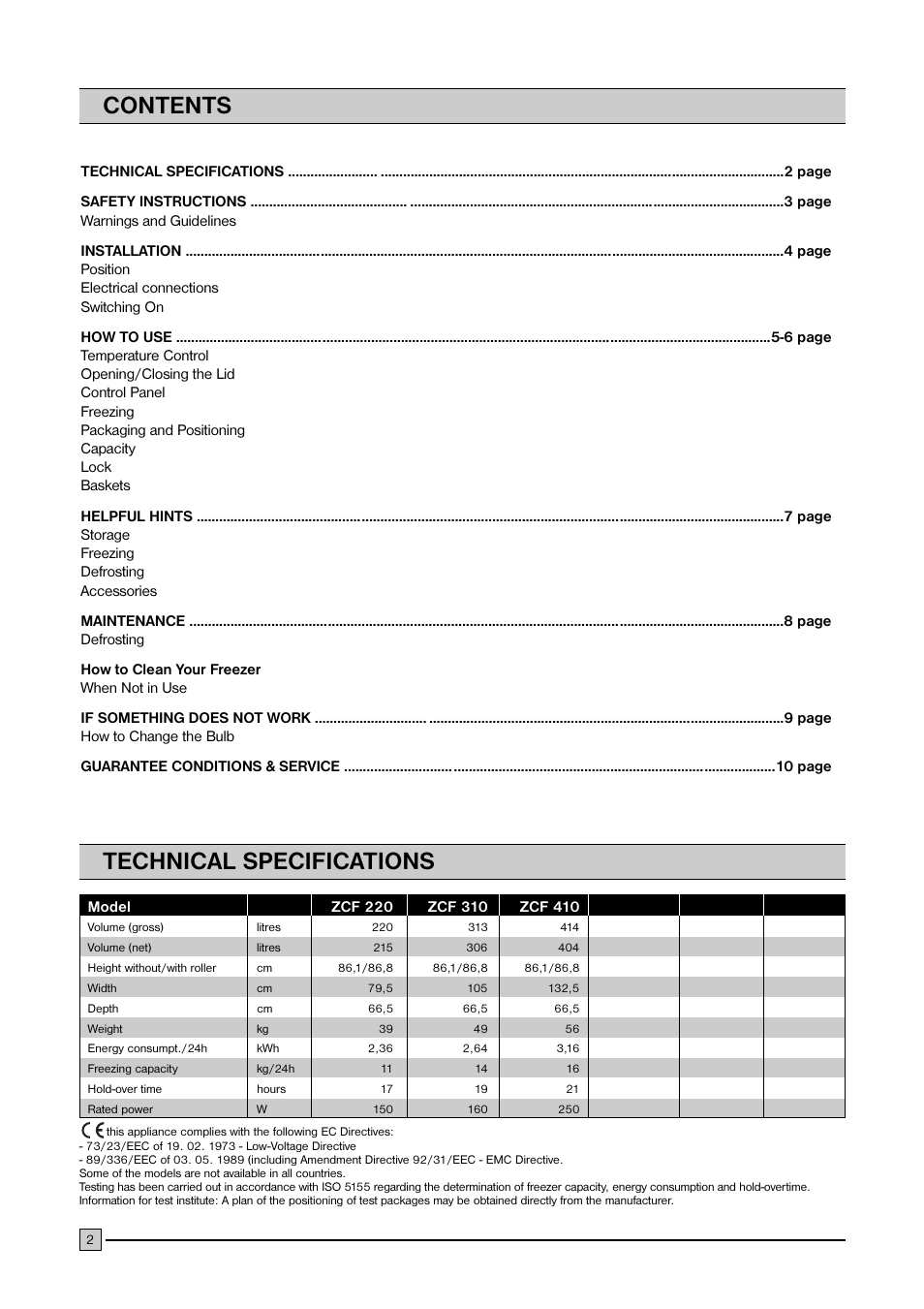 Contents technical specifications | Zanussi ZCF 410 User Manual | Page 2 / 11