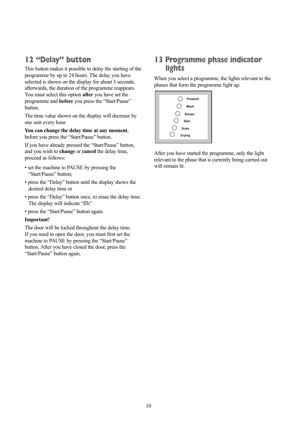 12 “delay” button, 13 programme phase indicator lights | Zanussi ZWD 1270 S User Manual | Page 10 / 30