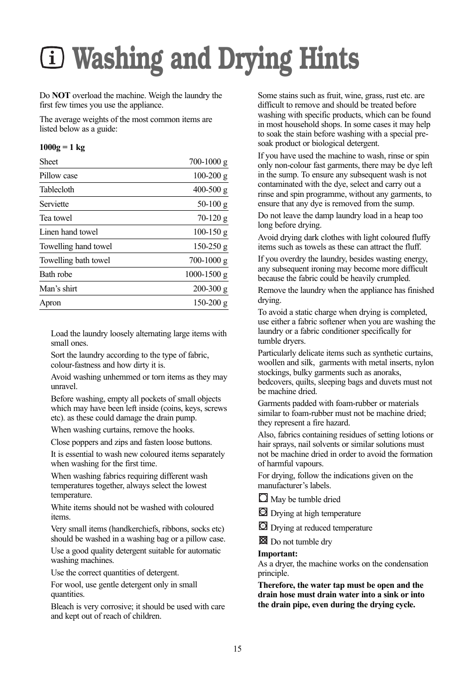 Washing and drying hints | Zanussi ZWD 1270 S User Manual | Page 15 / 30