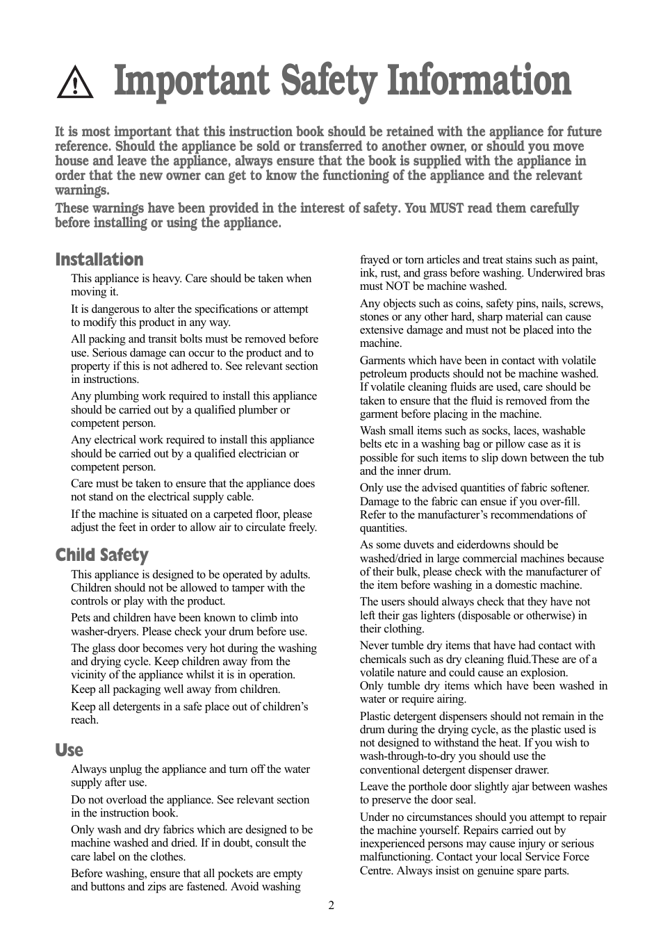 Important safety information, Installation, Child safety | Zanussi ZWD 1270 S User Manual | Page 2 / 30