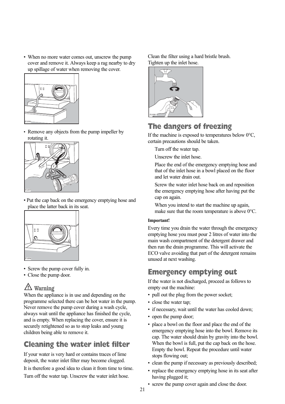 The dangers of freezing, Emergency emptying out, Cleaning the water inlet filter | Warning | Zanussi ZWD 1270 S User Manual | Page 21 / 30