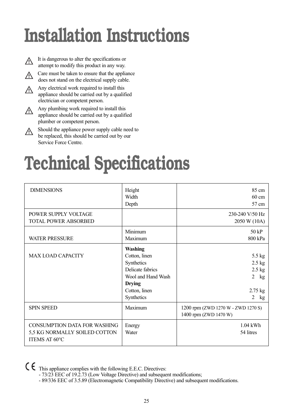 Installation instructions technical specifications | Zanussi ZWD 1270 S User Manual | Page 25 / 30