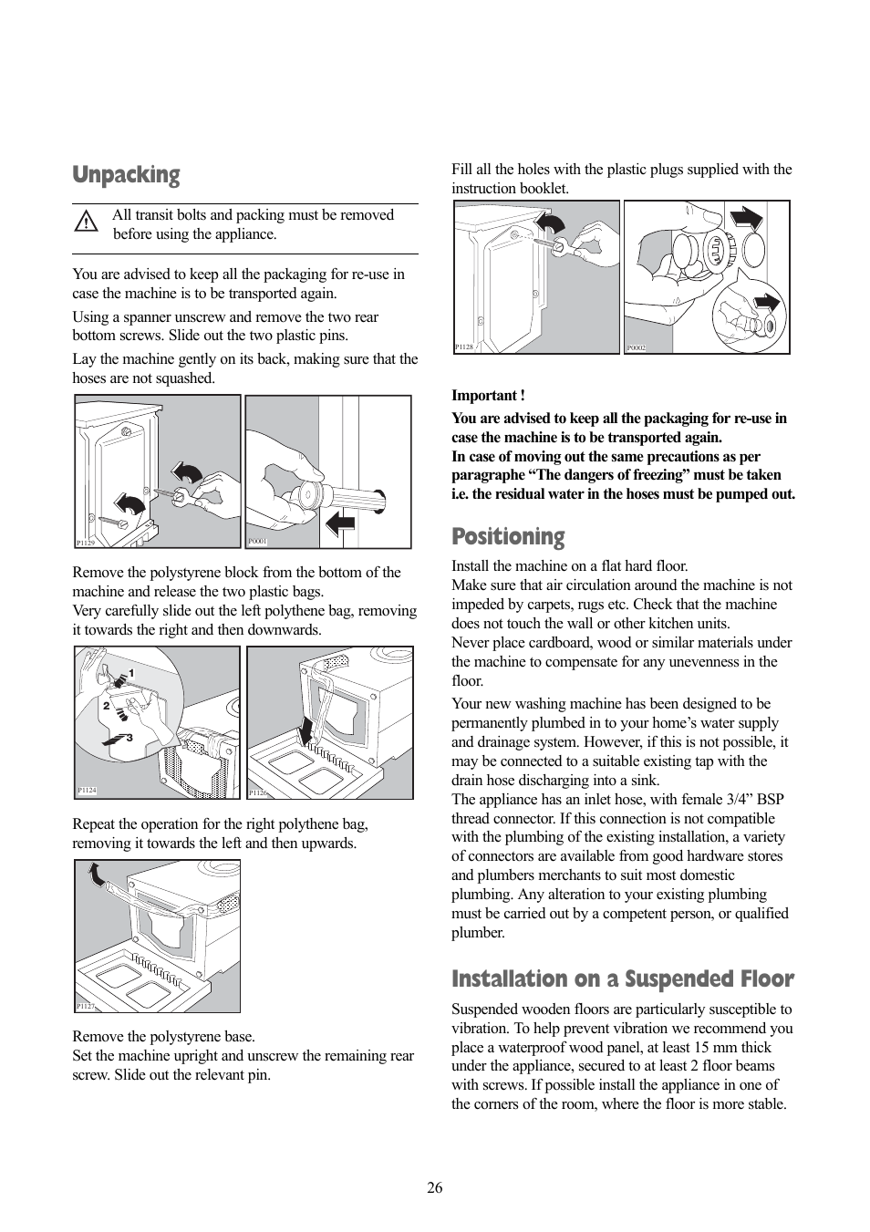 Unpacking, Positioning, Installation on a suspended floor | Zanussi ZWD 1270 S User Manual | Page 26 / 30