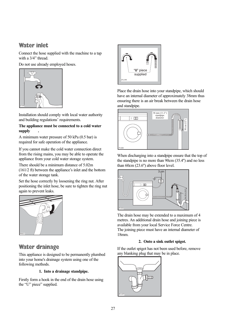 Water inlet, Water drainage | Zanussi ZWD 1270 S User Manual | Page 27 / 30