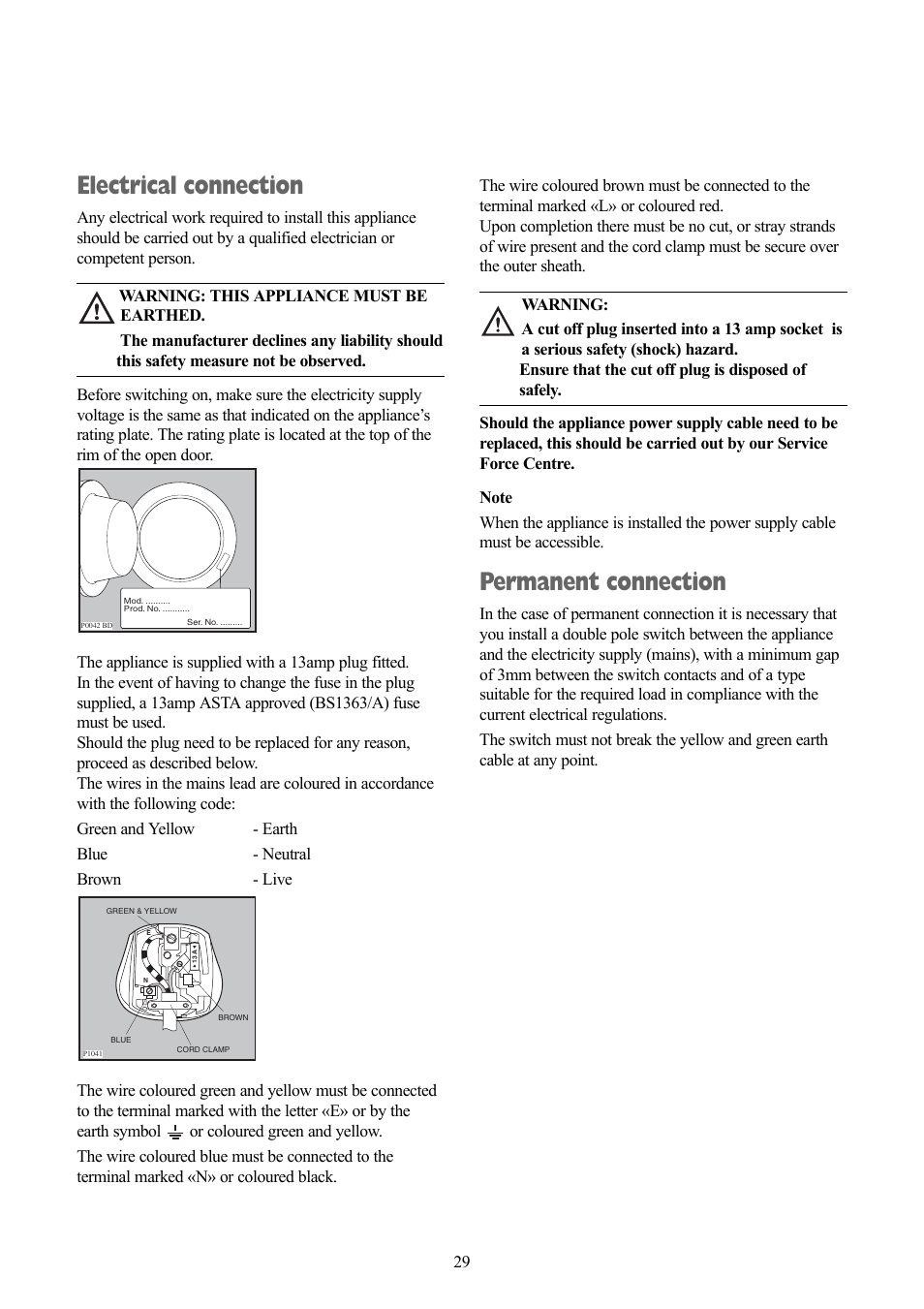 Electrical connection, Permanent connection | Zanussi ZWD 1270 S User Manual | Page 29 / 30
