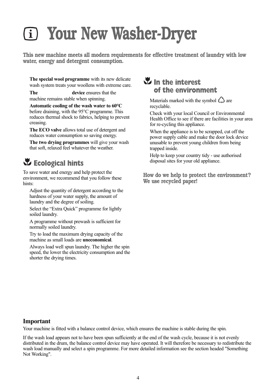 Your new washer-dryer, Ecological hints, Important | Zanussi ZWD 1270 S User Manual | Page 4 / 30