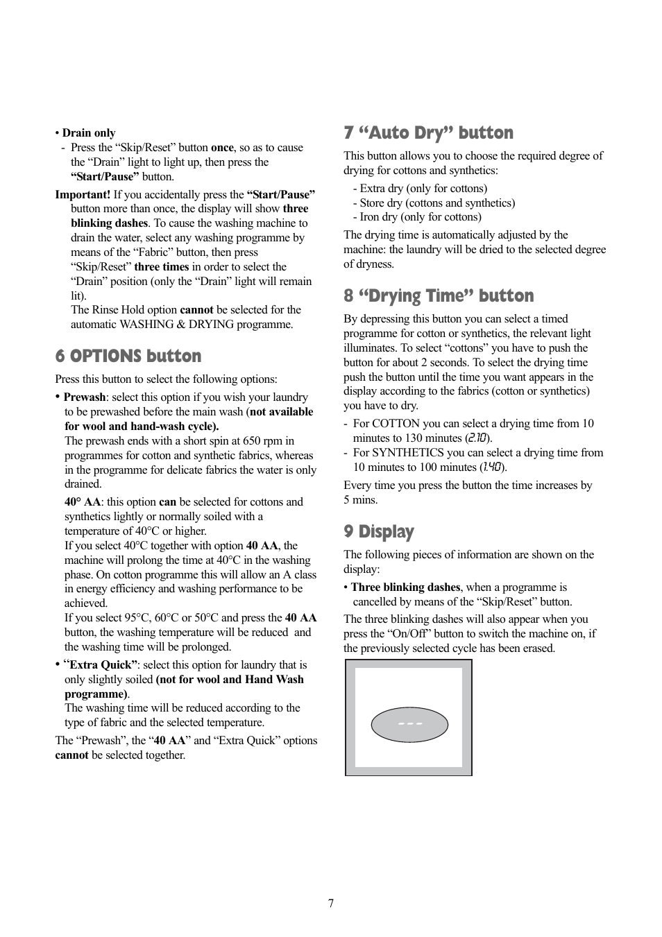 6 options button, 7 “auto dry” button, 8 “drying time” button | 9 display | Zanussi ZWD 1270 S User Manual | Page 7 / 30