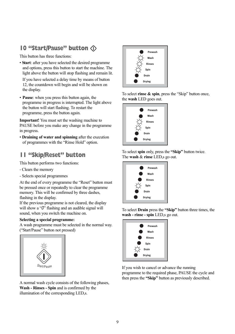10 “start/pause” button, 11 “skip/reset” button | Zanussi ZWD 1270 S User Manual | Page 9 / 30