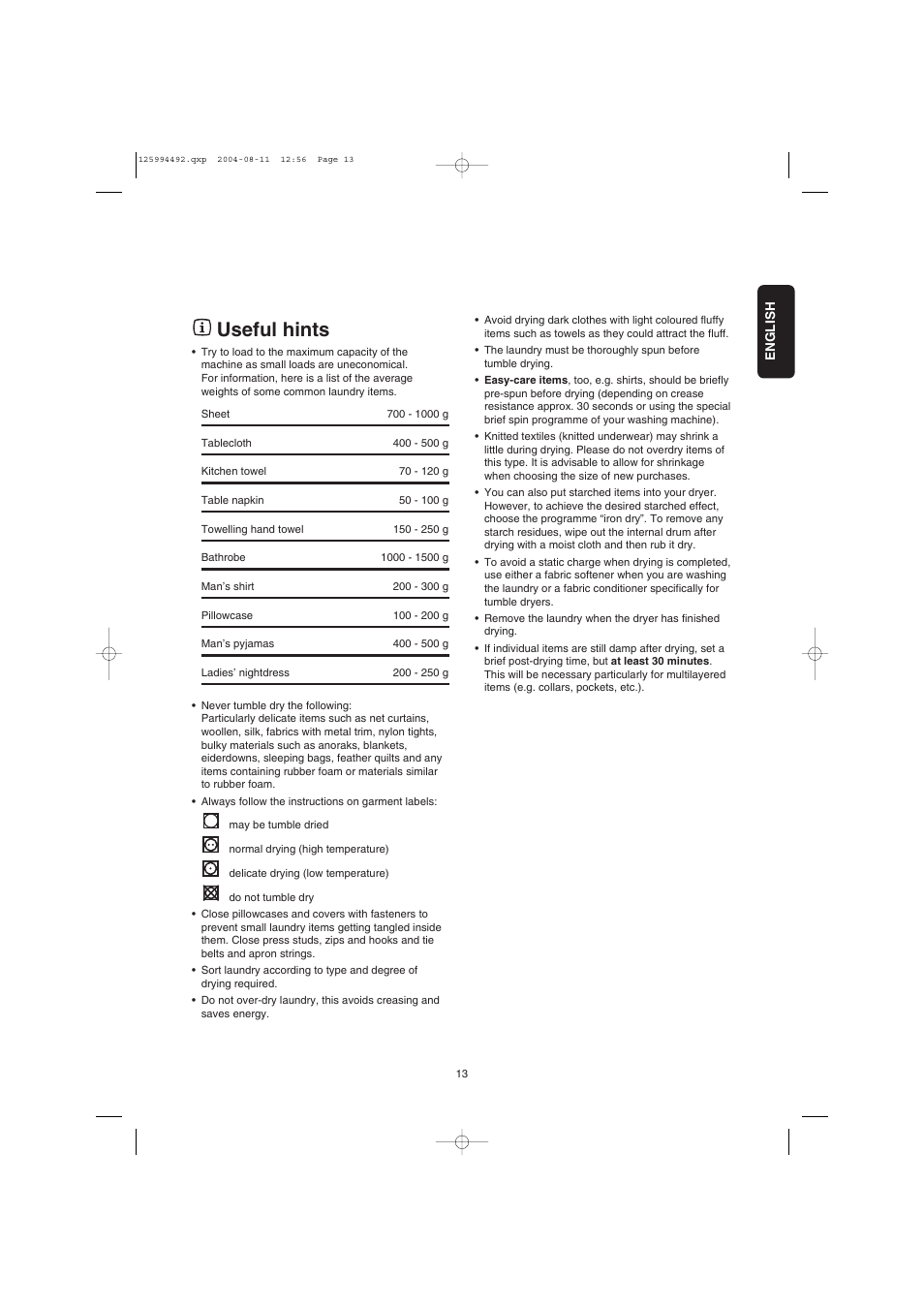 Useful hints | Zanussi TDE 4224 User Manual | Page 13 / 16