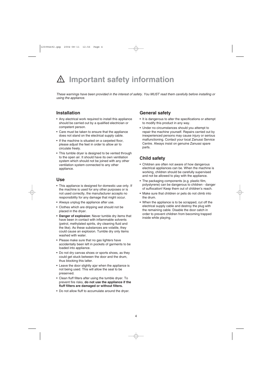 Important safety information | Zanussi TDE 4224 User Manual | Page 4 / 16