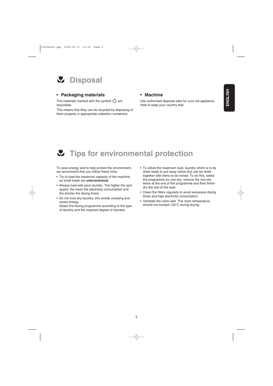 Tips for environmental protection, Disposal | Zanussi TDE 4224 User Manual | Page 5 / 16