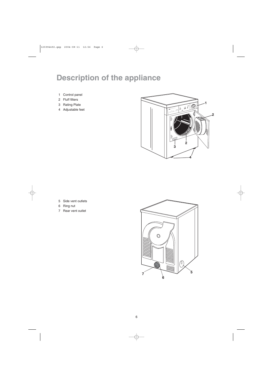 Description of the appliance | Zanussi TDE 4224 User Manual | Page 6 / 16