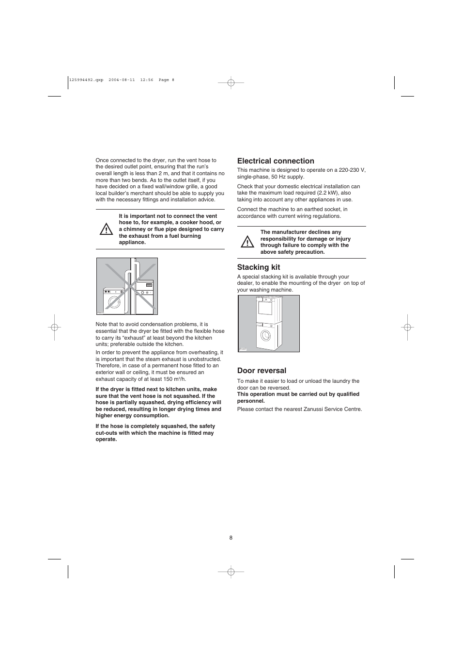 Electrical connection, Stacking kit, Door reversal | Zanussi TDE 4224 User Manual | Page 8 / 16