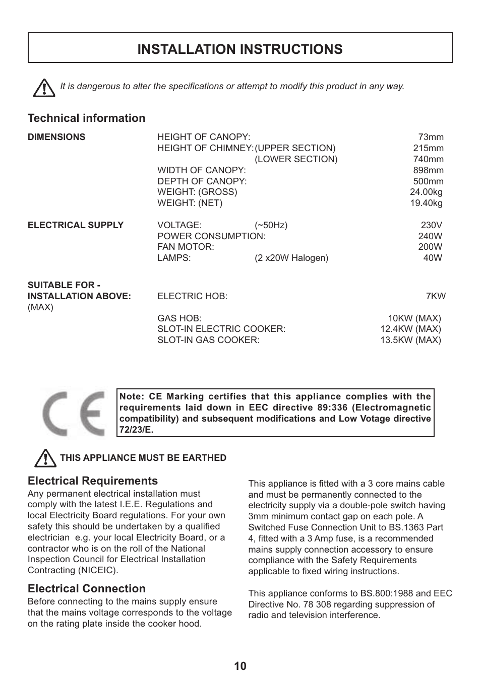 Installation instructions, Technical information, Electrical requirements | Electrical connection | Zanussi ZHC 935 User Manual | Page 10 / 19