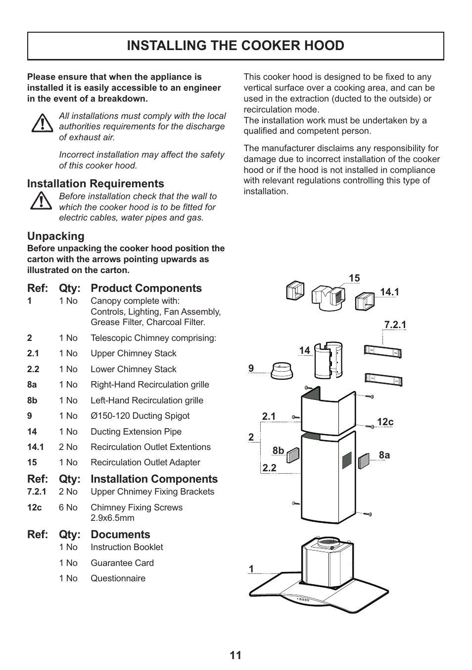 Installing the cooker hood | Zanussi ZHC 935 User Manual | Page 11 / 19