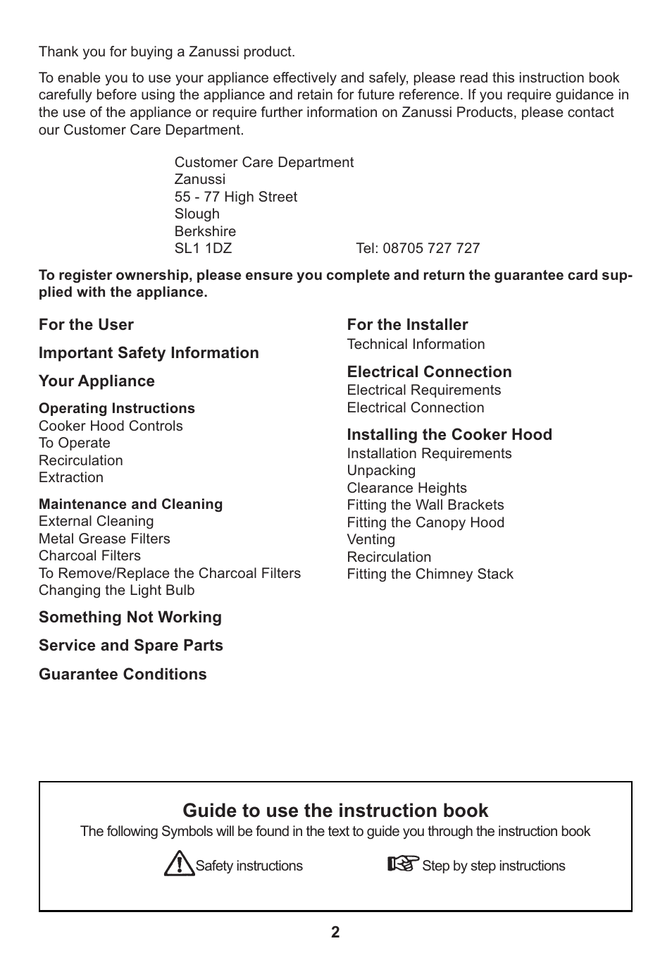 Guide to use the instruction book | Zanussi ZHC 935 User Manual | Page 2 / 19