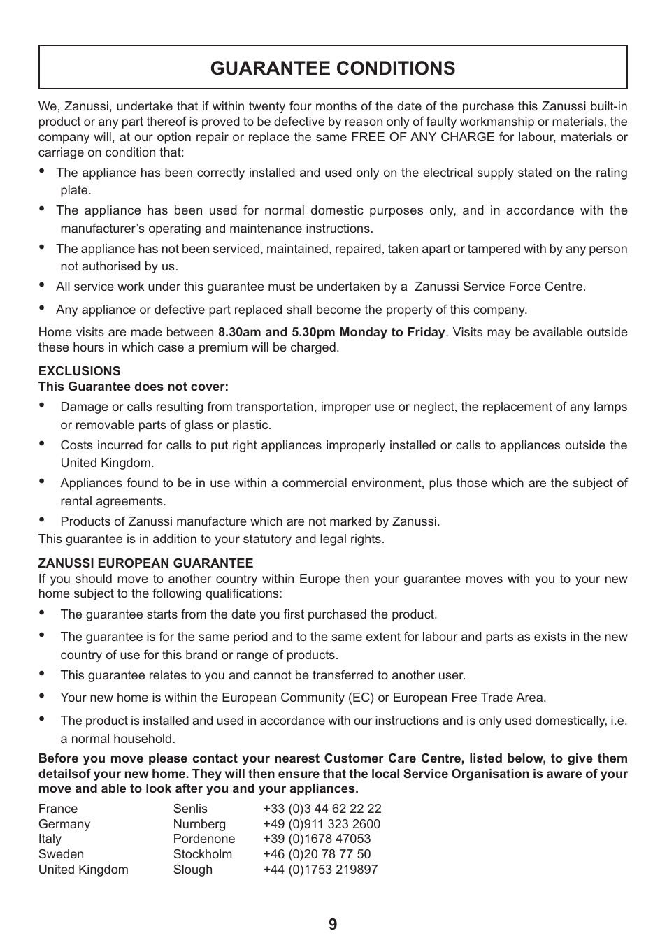 Guarantee conditions | Zanussi ZHC 935 User Manual | Page 9 / 19