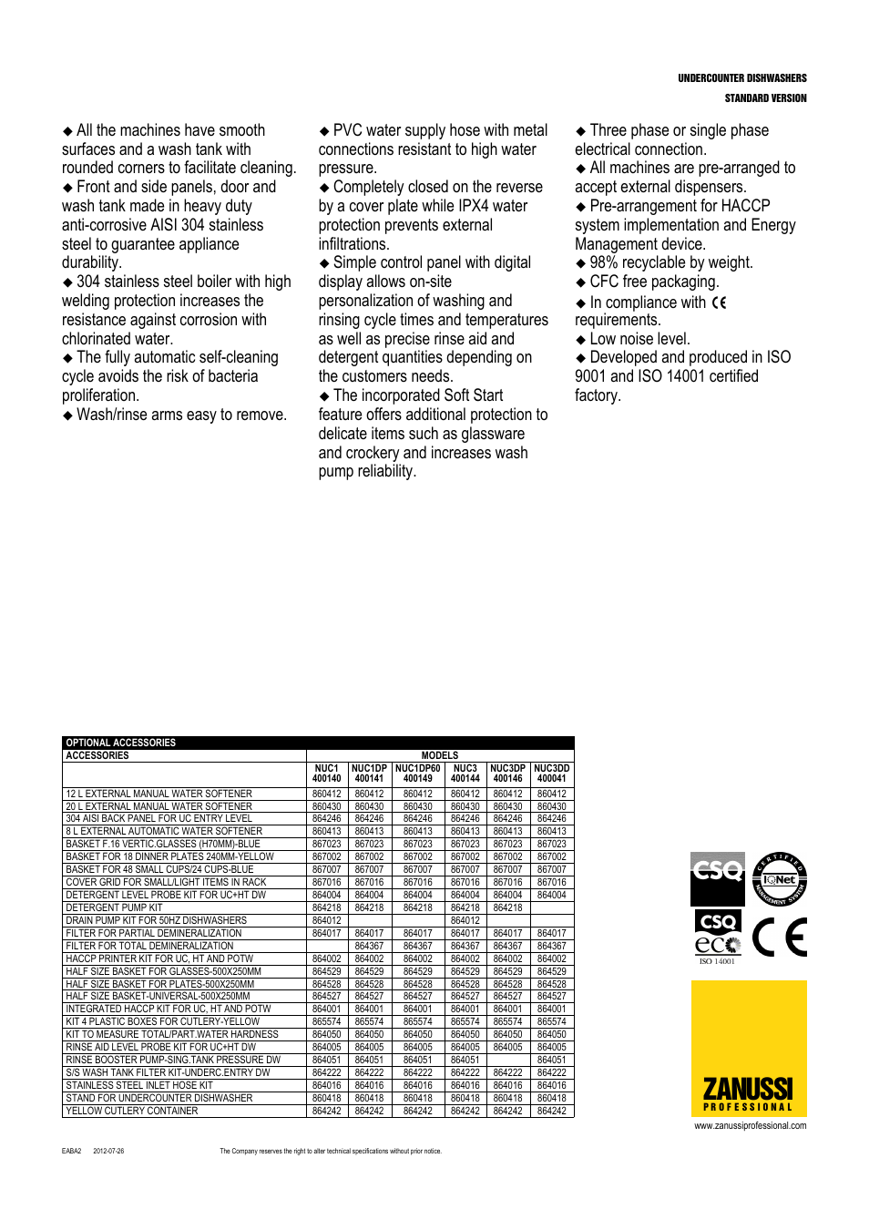 Zanussi, Wash/rinse arms easy to remove, Three phase or single phase electrical connection | 98% recyclable by weight, Cfc free packaging, Low noise level | Zanussi NUC1DP60 400149 User Manual | Page 2 / 3