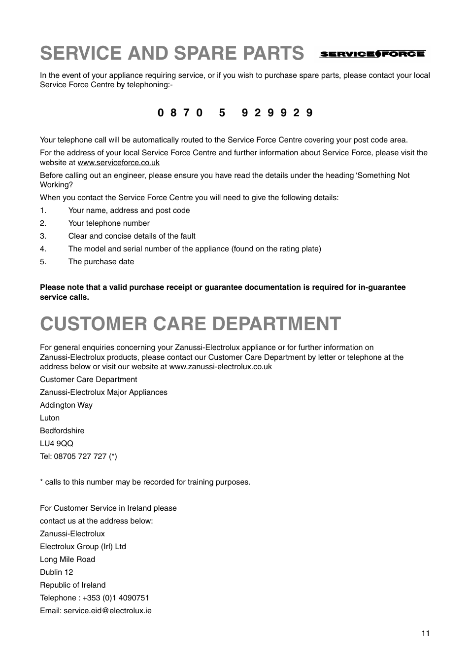 Service and spare parts customer care department | Zanussi ZRB 2630 W User Manual | Page 11 / 20