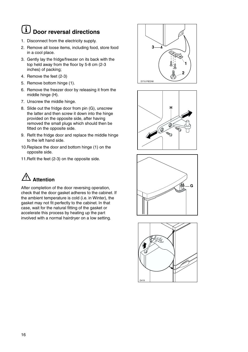 Door reversal directions | Zanussi ZRB 2630 W User Manual | Page 16 / 20