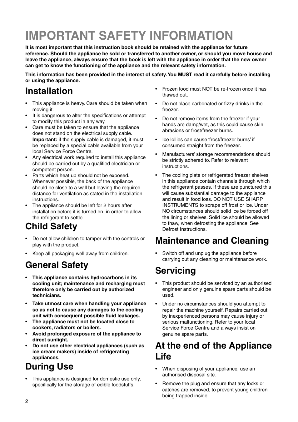 Important safety information, Installation, Child safety | General safety, During use, Maintenance and cleaning, Servicing, At the end of the appliance life | Zanussi ZRB 2630 W User Manual | Page 2 / 20