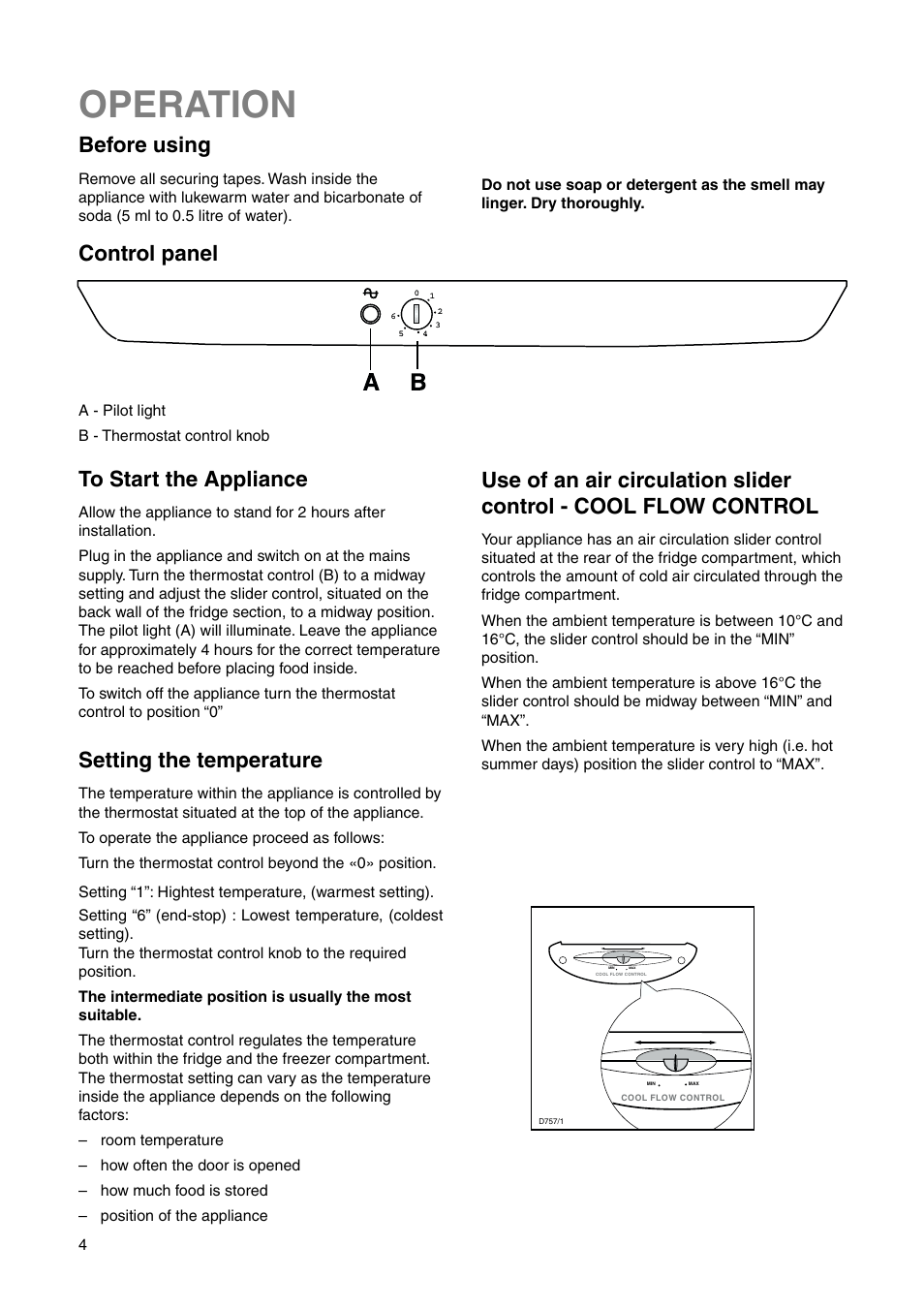 Operation, Before using, Setting the temperature | Zanussi ZRB 2630 W User Manual | Page 4 / 20