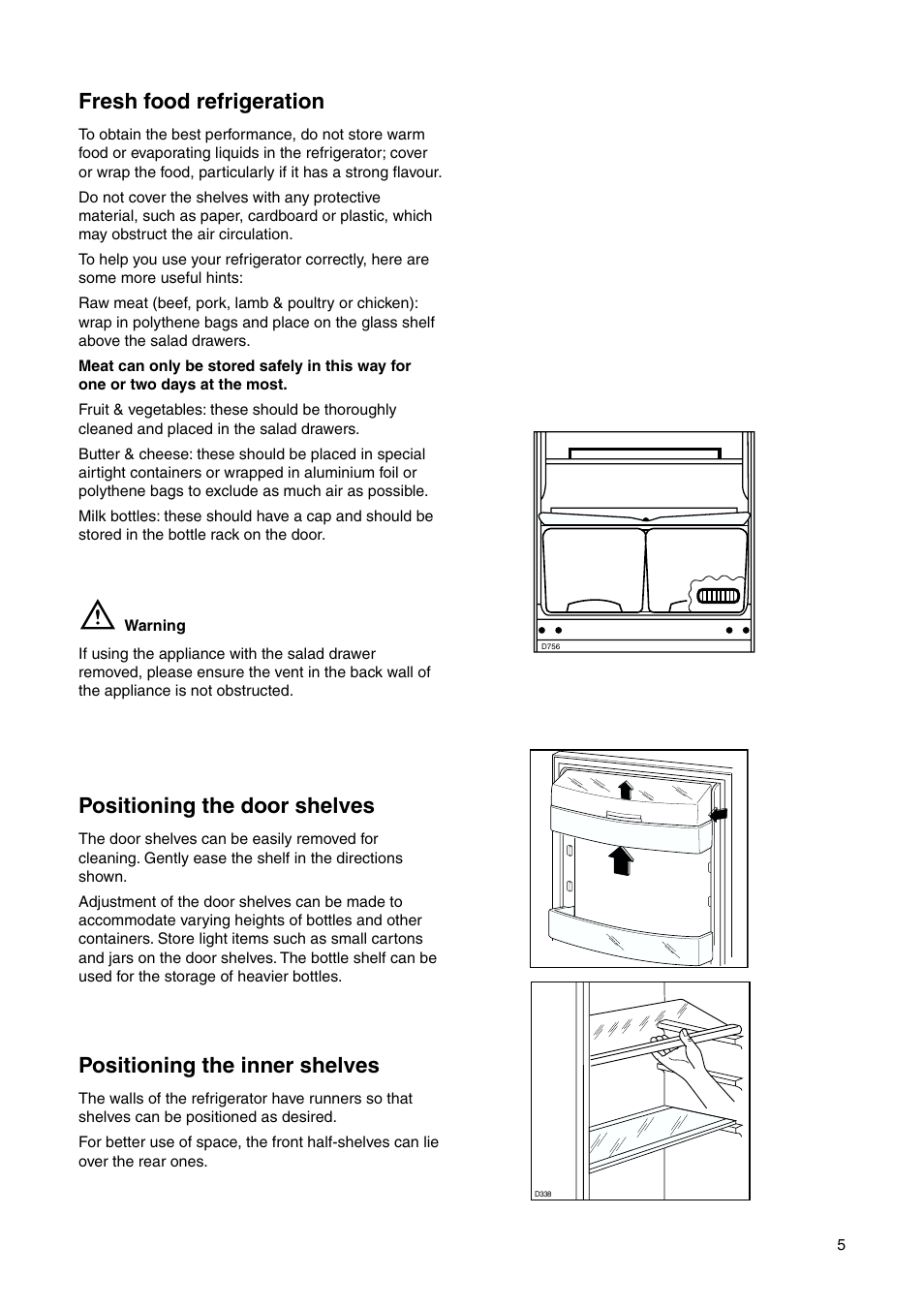 Positioning the inner shelves, Positioning the door shelves, Fresh food refrigeration | Zanussi ZRB 2630 W User Manual | Page 5 / 20