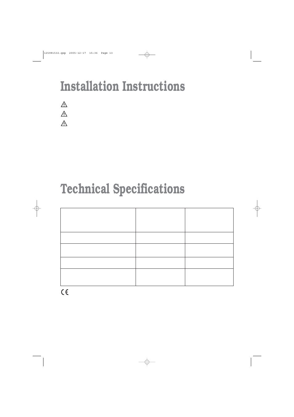 Installation instructions technical specifications | Zanussi TD 4213 W User Manual | Page 13 / 17