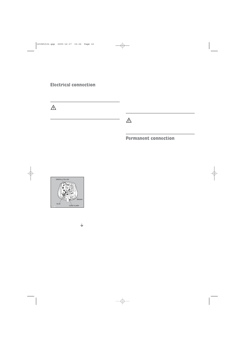 Electrical connection, Permanent connection | Zanussi TD 4213 W User Manual | Page 16 / 17